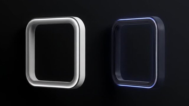 Two futuristic square frames, one silver, one with a blue light trim, on black