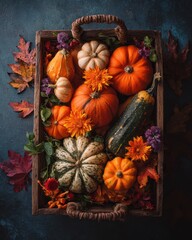 Rustic Autumn Harvest - Vibrant Pumpkins and Gourds in Wooden Tray, Top View.