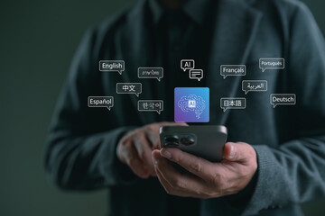 Businessman using smartphone with AI translation app for multiple languages, including English, Chinese, Spanish, French, and Arabic. Concept of communication technology.