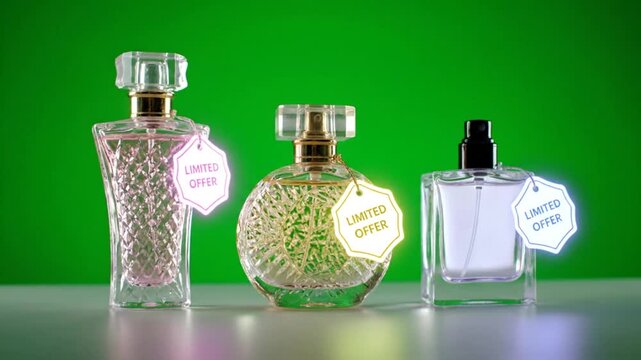 Three elegant perfume bottles with unique designs and labels set against a vibrant green background showcasing luxury fragrances.