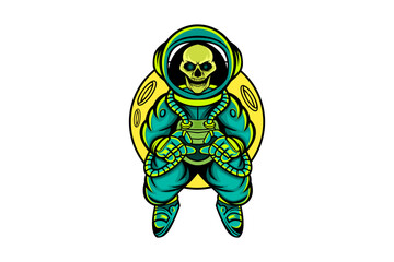 A skeleton astronaut in a teal and yellow suit floats in front of a yellow moon