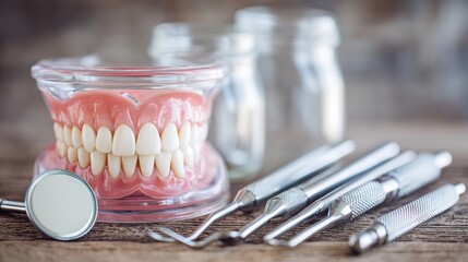 Dental care concept - dentist tools with dentures dentistry instruments and dental hygiene and equipment checkup with teeth model and mouth mirror oral health