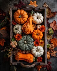 Autumnal Abundance - Rustic Wooden Crate Overflowing with Colorful Pumpkins, Gourds, and Flowers.