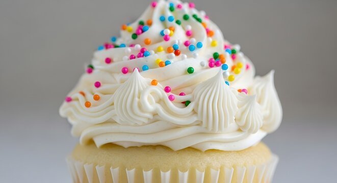 Close-up of a cupcake with white frosting and colorful sprinkles.