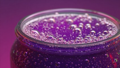 Macro shot of a glass jar filled with fizzy purple liquid, bubbles catching the light