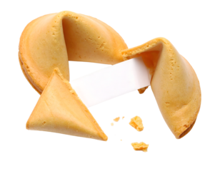 Golden fortune cookie with blank paper ready to write your positive message, destiny, or luck