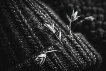 Monochrome Resilience - Delicate Sprouts Emerge from Dark Knitted Fabric Texture.