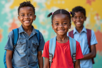 Three African american children happily pose together with backpacks in front of a vibrant mural, showcasing their excitement for a new school day and friendship. Back to school day. Generative AI.
