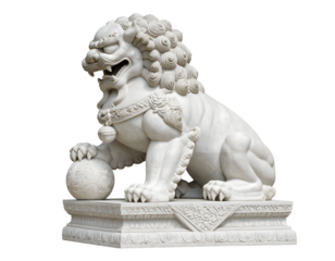 Majestic marble guardian lion statue, traditional Chinese art symbol, protective energy, elegant decor.