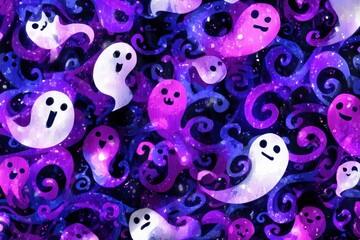 Whimsical Watercolor Ghosts and Swirling Purple Nebula Pattern for Halloween Celebration.