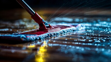 Fototapeta premium A Close-Up View of a Cleaning Mop in Action, Dispensing Cleaning Solution on a Wet Surface with Reflections and Detailed Textures
