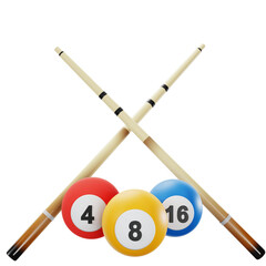 Billiard Balls with Red Four Yellow Eight and Blue Sixteen Numbers Featuring Crossed Cues with Transparent Background Depicting Game Equipment