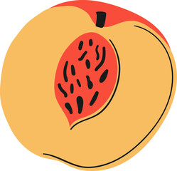A stylized illustration of a peach half with its pit