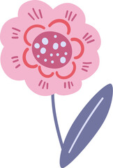 A stylized pink flower with red accents and a purple leaf on a stem