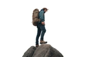 Adventurous hiker conquering rocky peak with backpack in vibrant mountain landscape, embodying strength and resilience