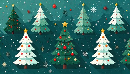 Pixelated Christmas Trees Pattern on Teal Background with Ornaments Snowflakes and Golden Star Toppers