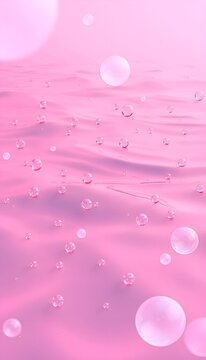 Pink bubbles in water on abstract background. Light abstract image with pink bubbles floating on the water surface in soft lighting.