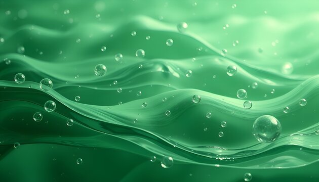 Green abstract background with bubbles and waves. Abstract green background with bubbles and transparent waves. Concept of nature, freshness, and organic cosmetics.