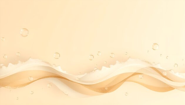 Cosmetic background with golden waves and bubbles. Abstract golden beige background with bubbles, transparent waves, and soft foam. Suitable for cosmetic advertising, body care, and spa.