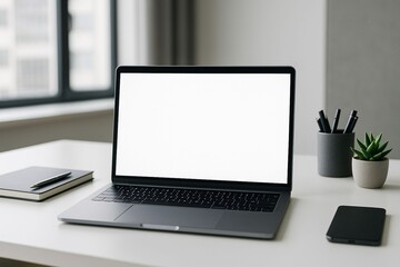 Fototapeta premium Laptop mockup on minimalist office desk with notebook and plant