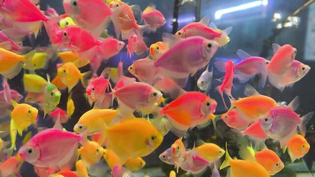 colorful glowfish in an aquarium with water bubbles