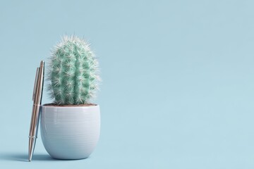 Small cactus in a stylish pot with a chrome pen against a pastel blue background for modern decor