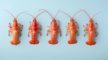 Five red lobsters aligned in a straight row on a bright blue background for vibrant contrast