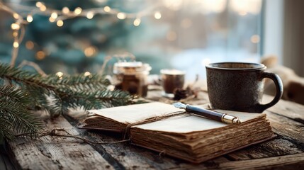 Cozy moments of reflection at a rustic table with a journal, coffee, and enchanting lights