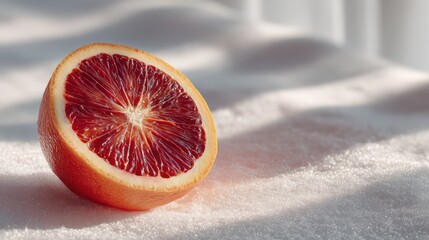 Sliced blood orange on a snowy surface creates a striking winter contrast