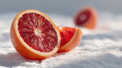 Sliced blood orange resting on soft snow with delicate winter shadows illuminating the scene
