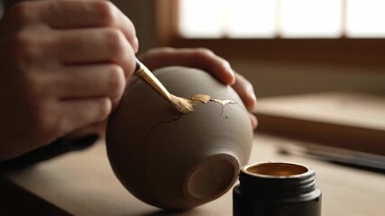 Hands repairing a broken ceramic bowl with gold. Kintsugi concept.