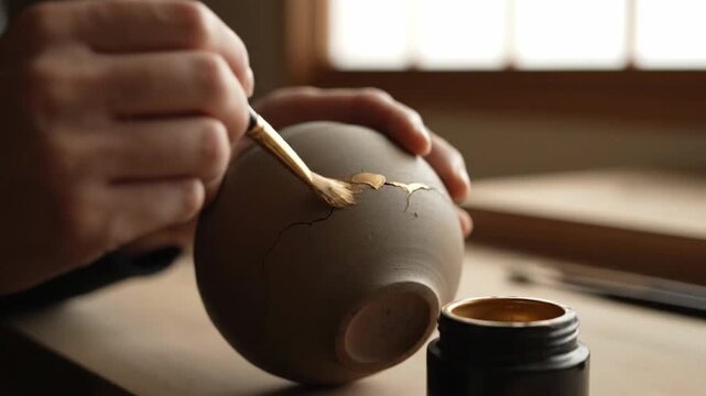 Hands repairing a broken ceramic bowl with gold. Kintsugi concept.