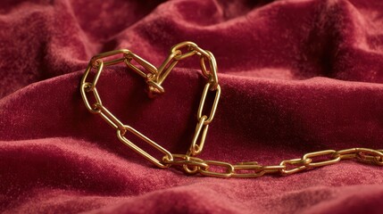 Golden paperclip chain forms a heart shape on soft rose velvet fabric in an elegant display