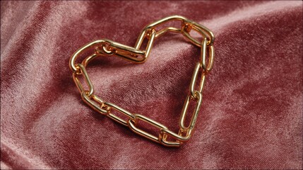 Heart-shaped golden chain resting gracefully on soft rose velvet fabric