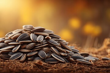 Sunflower seeds gathered in golden light during the summer harvest season