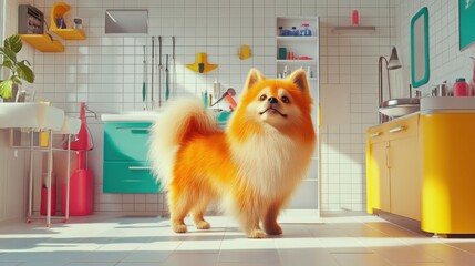 Fluffy orange Pomeranian dog standing proudly in a bright, colorful grooming salon with teal and yellow cabinets and tiled walls