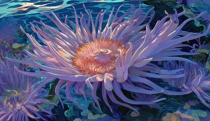 Large, flower-like sea anemones bloom in luminous blue water. A central bloom is in focus