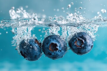 Blueberries dive into aqua water creating mesmerizing ripples and light reflections