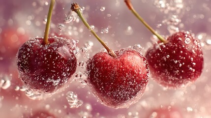 Cherries dancing in water, creating bubbles against a dreamy pink backdrop