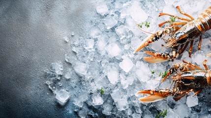 Fresh spiny lobster or sea crayfish on crash ice, preparation for cooking common Mediterranean lobster on concrete gray background, view from above, close up
