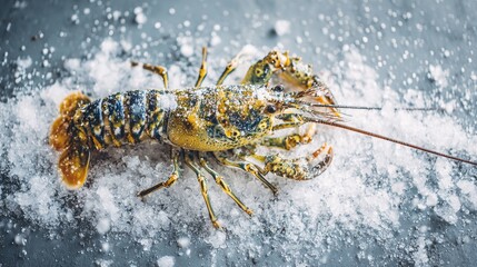 Fresh spiny lobster or sea crayfish on crash ice, preparation for cooking common Mediterranean lobster on concrete gray background, view from above, close up