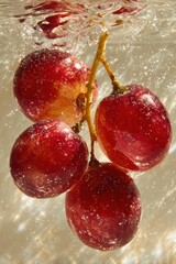 Floating red grapes create a stunning visual in tranquil underwater scene with soft background