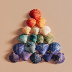 Arrangement of tiny seashells in a colorful triangle on a soft surface