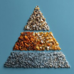 Seashells arranged in a colorful triangle on a serene blue surface