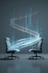 Innovative workspace with holographic screen and dynamic data flow in calming blue tones