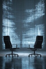 Business chairs prepare for a strategic meeting with a holographic data display