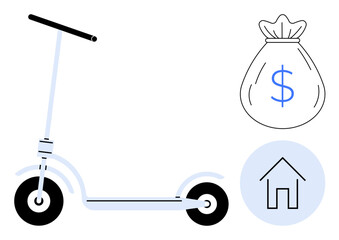 Electric scooter alongside money bag and house icon symbolizing cost-effective, sustainable commuting. Ideal for economy, sustainability, transportation, eco-living, affordability, urban lifestyle