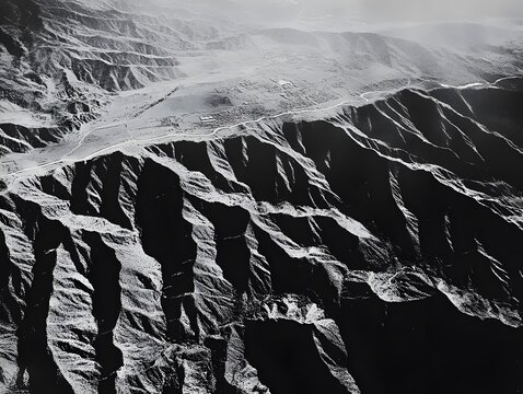 Dramatic Monochrome Aerial View of Mountains and Valley Landscape