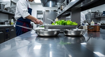 Preparing food in a commercial kitchen, culinary arts and cooking environment