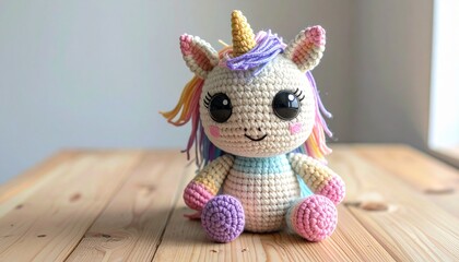 Cute handmade crochet monster unicorn toy, colorful yarn, whimsical design, studio or lifestyle setting.